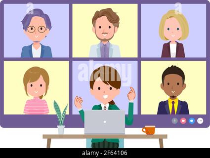 A set of schoolgirl having an online meeting with multiple people. Front angle.It's vector art so easy to edit. Stock Vector