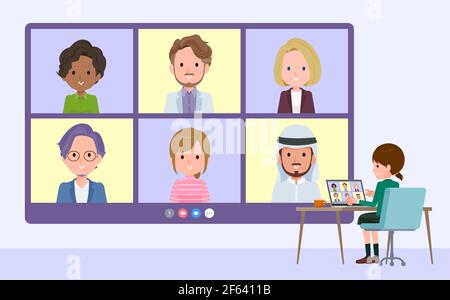 A set of schoolgirl having a video chat with multiple people.It's vector art so easy to edit. Stock Vector