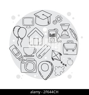 doodle icons in round shape Stock Vector