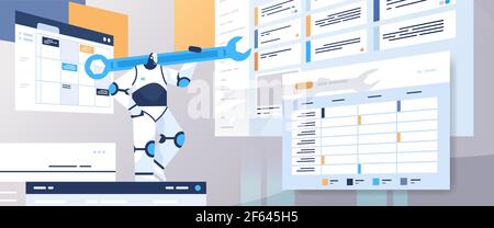 robot programmer holding wrench robotic developer optimizes software engineering coding programming Stock Vector