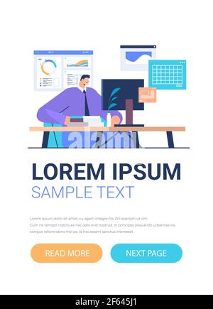 businessman at workplace analyzing charts and graphs data analysis process digital marketing planning company strategy Stock Vector