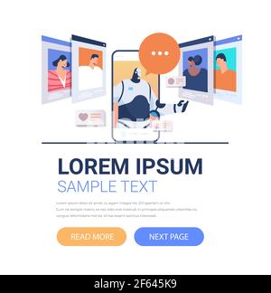robot on smartphone screen discussing with mix race people during video call online communication artificial intelligence Stock Vector
