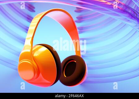 3d illustration of  orange  retro headphones  on   blue   isolated background on neon lights. Headphone icon illustration Stock Photo