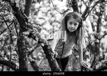 Little girl with in the branches of a blossoming Apple tree. Black and white photo. Stock Photo