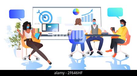 mix race businesspeople in masks working in modern office teamwork coronavirus quarantine concept Stock Vector