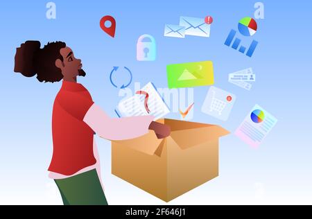 african american man holding cardboard box with online computer applications social media network concept Stock Vector