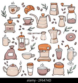 Hand drawn set of different types coffee cup, mug, pot, coffee machine. Doodle sketch style. Isolated vector illustration for coffee shop, cafe, restaurant menu, icon, background. Stock Vector