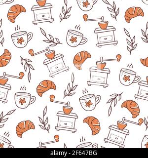 Hand drawn doodle style seamless vector pattern of croissants and cups of coffee near vintage grinders and leaves Stock Vector