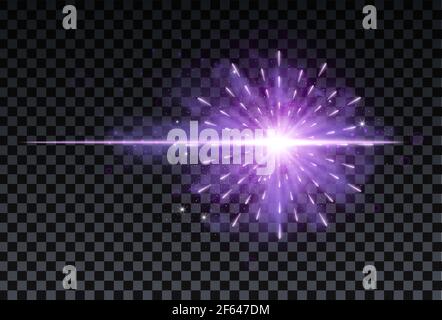 Purple burst with sparkle rays and lens flare effect. Glowing stars. Purple glitter bokeh lights and burst of magical dust particles. Vector Stock Vector