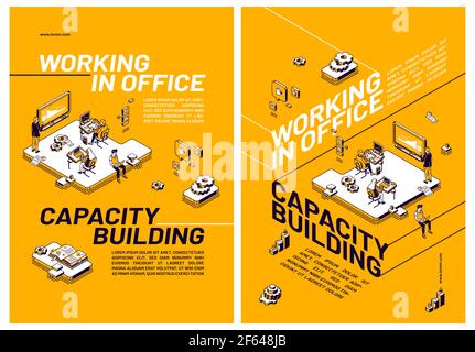 Capacity building by working in office concept. Posters with people that improve skills and knowledge together. Vector flyers with isometric workspace with computers and employees Stock Vector