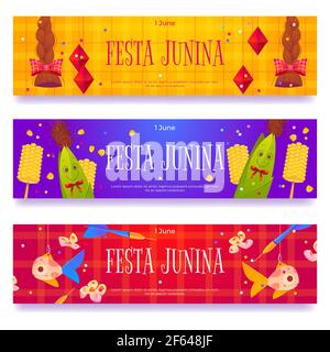 Festa Junina banners isolated on white background. Vector set of horizontal flyers with cartoon traditional carnival decoration on June brazilian party, braids, fish and corn Stock Vector