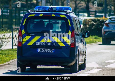 Reims France March 29, 2021 French police car in the streets of Reims during coronavirus pandemic and the lockdown to impose containment of the popula Stock Photo