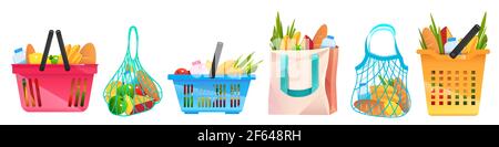 Eco bags net, cotton or paper shopping containers with grocery isolated on white background. Reusable ecological packages, mesh bags with fresh food, fruits, vegetables and bread, Cartoon vector set Stock Vector