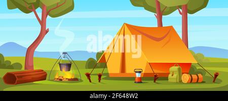 Summer camp in forest with bonfire, tent, backpack and lantern. Vector cartoon landscape with campsite, trees, log and bowler on fire. Equipment for travel, hiking and activity vacation Stock Vector