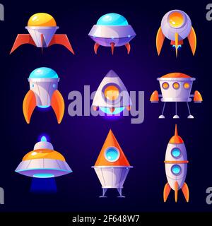 Rockets, ufo and shuttles isolated on blue background. Vector cartoon futuristic design of different spaceships in cosmos, flying saucer, unidentified rocketships and satellites Stock Vector