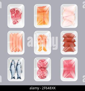 Food in plastic packages for store retail, fresh fish, minced meat and chicken legs, sausages, raw salmon steak or fillet. Isolated products design elements top view, Cartoon vector illustration, set Stock Vector
