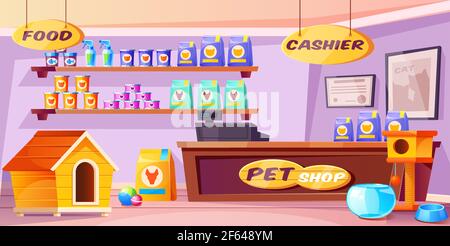 Pet shop interior, domestic animal store with counter desk, accessories, food, cat and dog houses, toys, tin cans on shelves. Inner view of petshop supermarket with nobody. Cartoon vector illustration