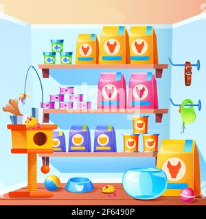 Pet shop interior with scratching post for cats, toys, bowl, feed in bag and cans. Vector cartoon illustration of store with accessories for domestic animals, aquarium for fish, collar for dogs, balls Stock Vector