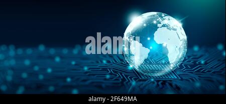 Global Social Network and Business Connection Concept. Digital world on the converging point of circuit. Future of the internet and technology. Stock Photo