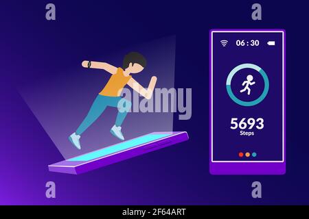 man running with wearable technology using an application on a smartphone, vector design Stock Vector