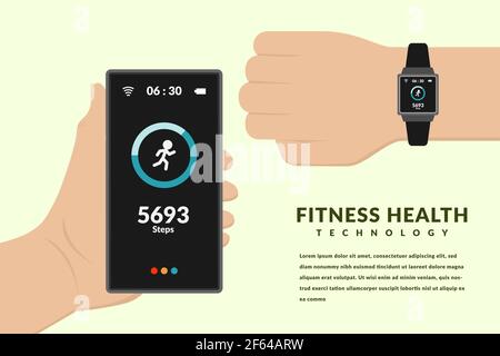 wearable technology for fitness tracker by hand holding smartphone and wearing smartwatch vector design Stock Vector