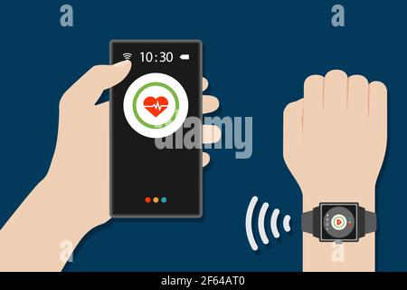 hands wear smart watches and smart phones to monitor health with modern digital technology vector design Stock Vector