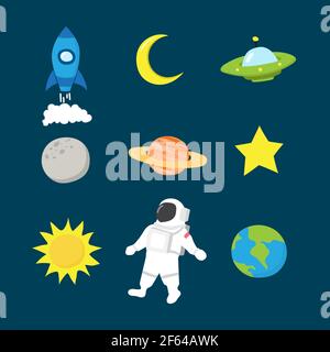 vector design sticker collection of astronauts and space rockets with planets and stars exploring the solar system set on a blue background Stock Vector