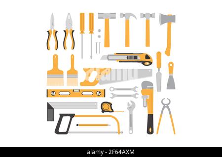 Carpentry Tools Flat Design Concept, yellow carpentry tools collection isolated on white background Stock Vector