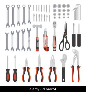 Flat design concept mechanical tools, mechanical tools collection and carpentry tools in red isolated on white background Stock Vector