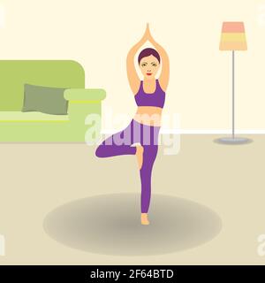 Young woman indoors practicing yoga, tree pose Stock Vector