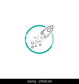 Outline red rocket ship with fire flying out of blue circle isolated on white. Flat line icon. Vector illustration with flying rocket. Space travel. P Stock Vector