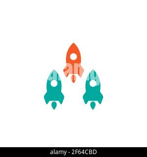 Three rockets fly up on white background. Launch, upgraid icon. Creative project start, business advance, breakthrough sign. Fast growth symbol. Speed Stock Vector