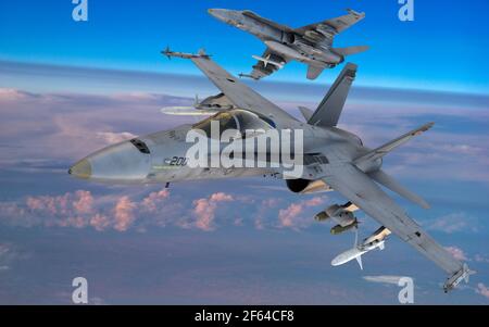 Boeing F / A-18E / F Super Hornet in flight above the clouds Stock Photo
