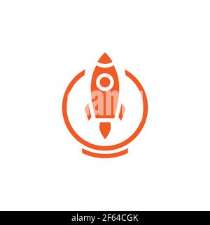 rocket ship with fire flying in the circle isolated on white. Flat line icon. Vector illustration with flying rocket. Space travel. Project start up s Stock Vector