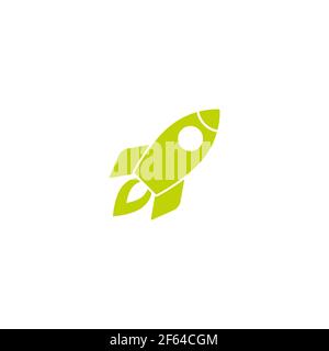 Green Rocket ship with fire. Isolated on white. Flat icon. Vector illustration with flying rocket. Space travel. Project start up sign. Creative idea Stock Vector