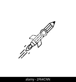 Outline pencil rocket ship with fire. Isolated on white. Flat line icon. Vector illustration with flying pencil. Creativity sign. Creative idea symbol Stock Vector