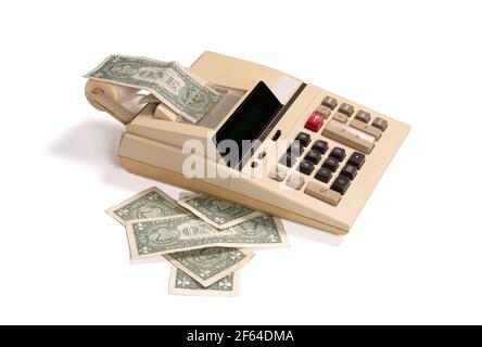 Old fashioned calculator dollars, isolated on white Stock Photo