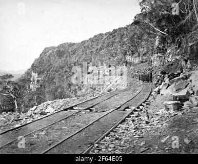 Coal wagons on the railway incline at Dunollie coal mine, New Zealand, circa 1910. Photo by Muir Moodie of Dunedin Stock Photo