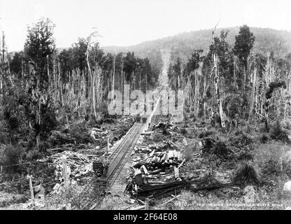 Coal wagons on the railway incline at Seddonville coal mine, New Zealand, circa 1910. Photo by Muir Moodie of Dunedin Stock Photo