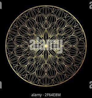 Lace gold mandala line art on black background Stock Vector