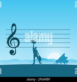 metaphor man composing music with piano with blue gradient shade background illustration vector. Stock Vector
