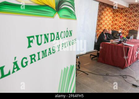 29 March 2021 (Malaga) presentation of the study 'Analysis of the economic impact of the brotherly activity of the city of Malaga', carried out by the Chair of Brotherly Studies of the AMU with the assistance of the vice-rector of Mobility and International Cooperation of the AMU, Susana Cabrera; the president of the Tears and Favors Foundation, Antonio Banderas; the president of the Association of Confraternities, Pablo Atencia; and the director of the Chair of Confraternity Studies, Benjamín del Alcázar. In the assembly hall of the Brotherhood House of the Royal Merged Confraternities. Cordo Stock Photo