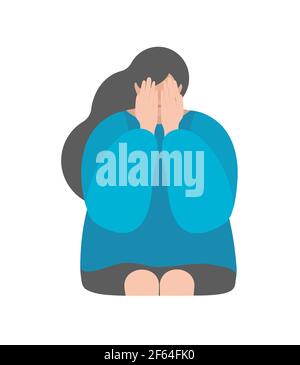 Vector isolated illustration in flat style with woman closing face by hands and crying. Bad feeling. Isolation as factor of emotional stress Stock Vector
