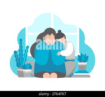 Vector flat illustration concept with tired crying woman. Daughter hugs mom. Postpartum depression, emotional stress and suffering in isolation Stock Vector