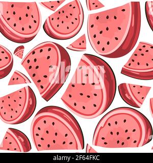 Seamless pattern with slices of pink watermelon in cartoon style. Summer print. Isolated object. Berries from the collective farm. Organic food. Stock Vector