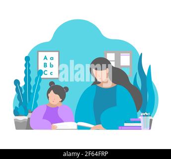 Vector illustration in flat style. Mother and child sit in room, learn read book. Education in quarantine time, making homework with parent's help. Stock Vector