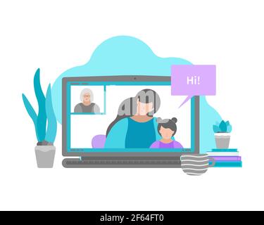 Vector isolated flat illustration with display of laptop and senior woman (grandma) and girl with baby on screen. Technology of online video chat Stock Vector