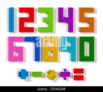 Colorful toy building blocks numbers and mathematic operation symbols 3d top view isolated on white backgro Stock Photo