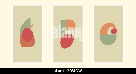 Set of three abstract backgrounds, patterns. Boho posters. Hand drawn various shapes and doodle objects. Contemporary modern trendy Vector illustratio Stock Vector