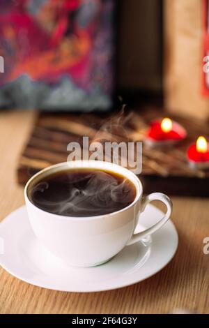 Fresh brewed black coffee in a white cup Stock Photo
